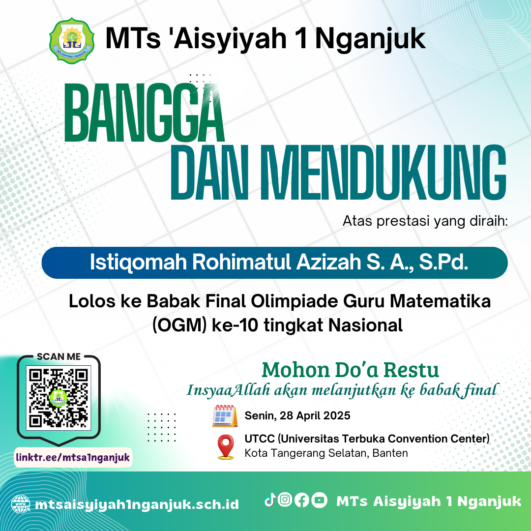 Read more about the article Guru MTs Aisyiyah 1 Nganjuk  Lolos ke Babak Final Olimpiade Guru Matematika (OGM) ke-10 Tingkat Nasional
